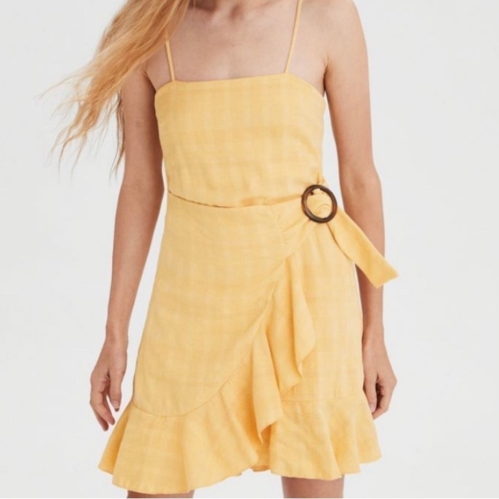 American Eagle Flattering Boho Ruffle Trim Side Tie Mini Dress